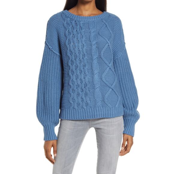 Free People Dream Cable Blue CHUNKY Crew Neck Sweater NWOT Size XS FLAW - Picture 2 of 14